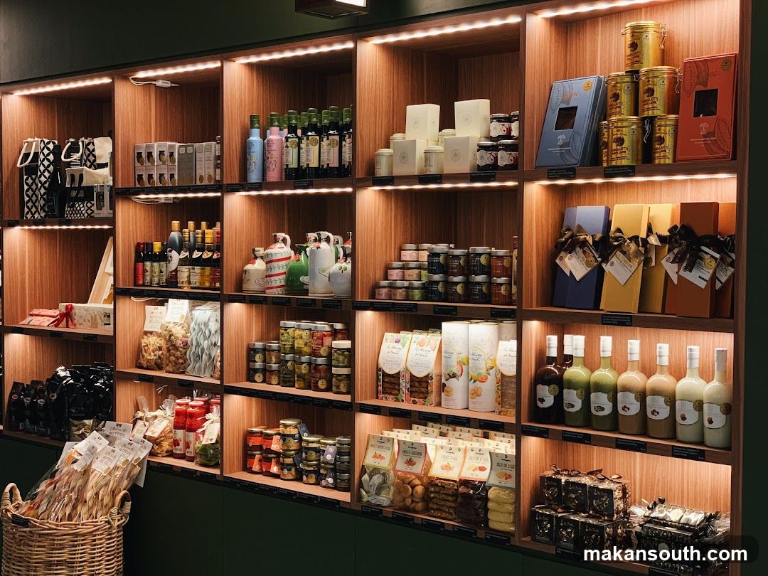 Aisle of shelves with food products