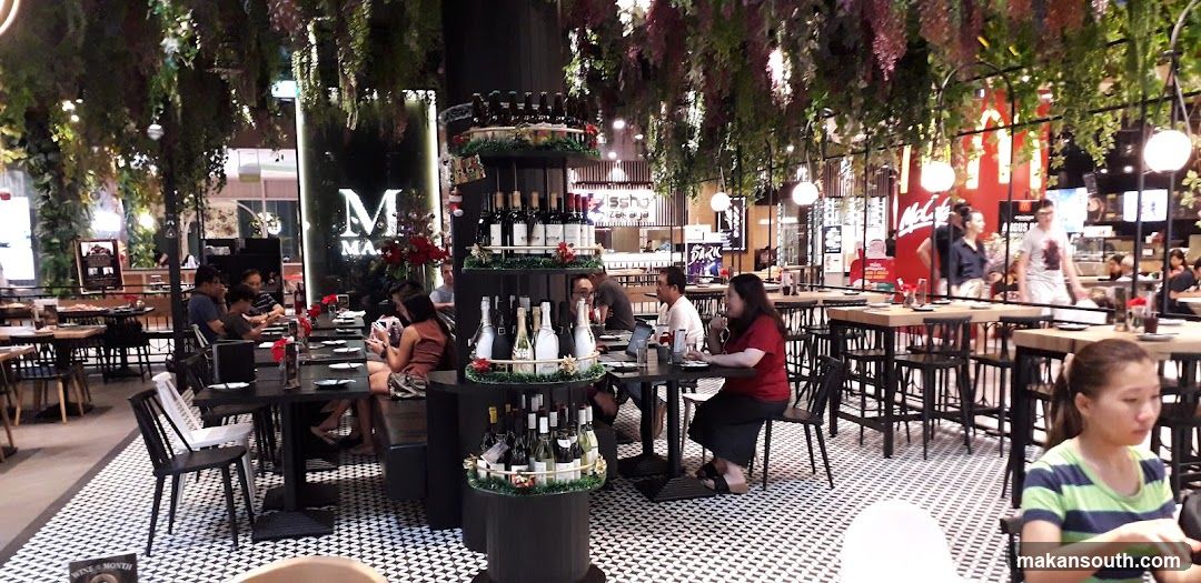 Restaurant Interior with Hanging Plants and Patrons