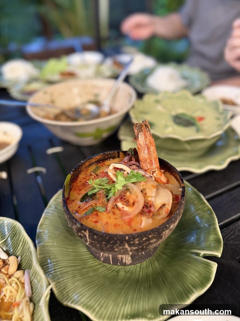 Thai Seafood Soup in Coconut Shell Bowl
