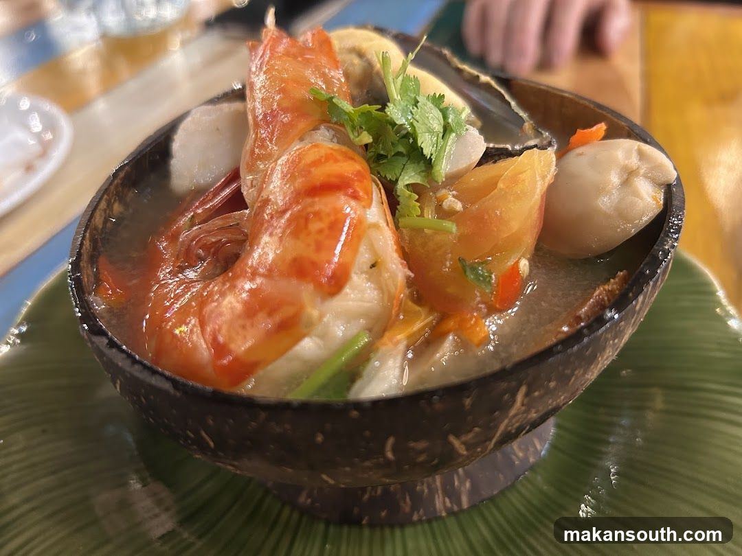 Seafood Soup in Coconut Bowl