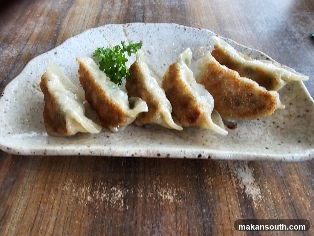 Gyoza on a speckled plate