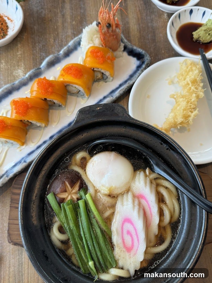 Japanese Food Spread with Udon and Sushi