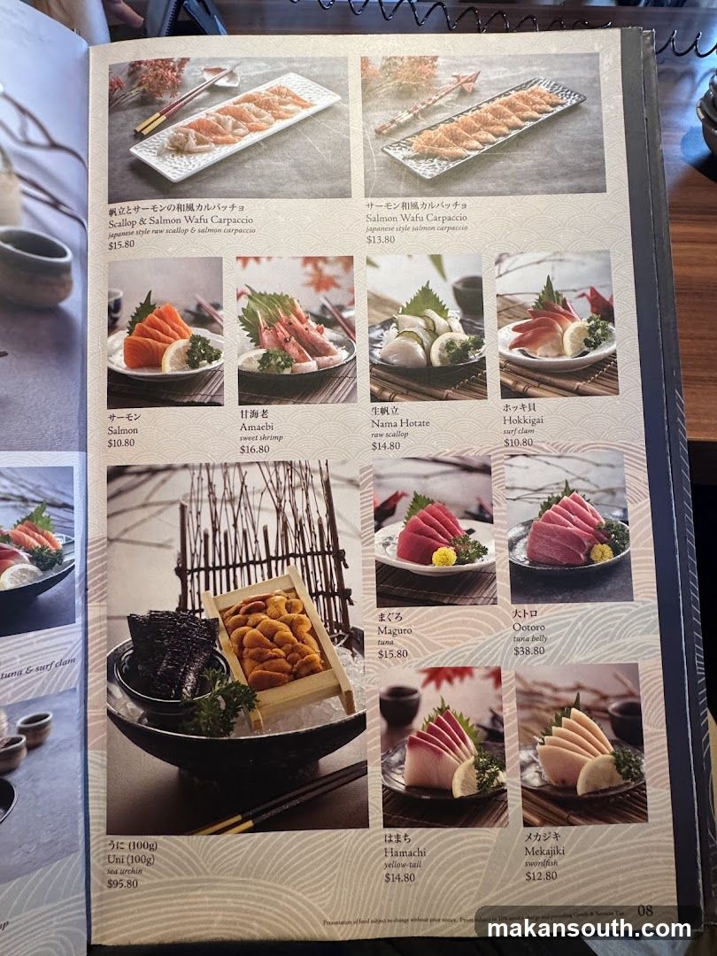 Sashimi and Seafood Menu Page