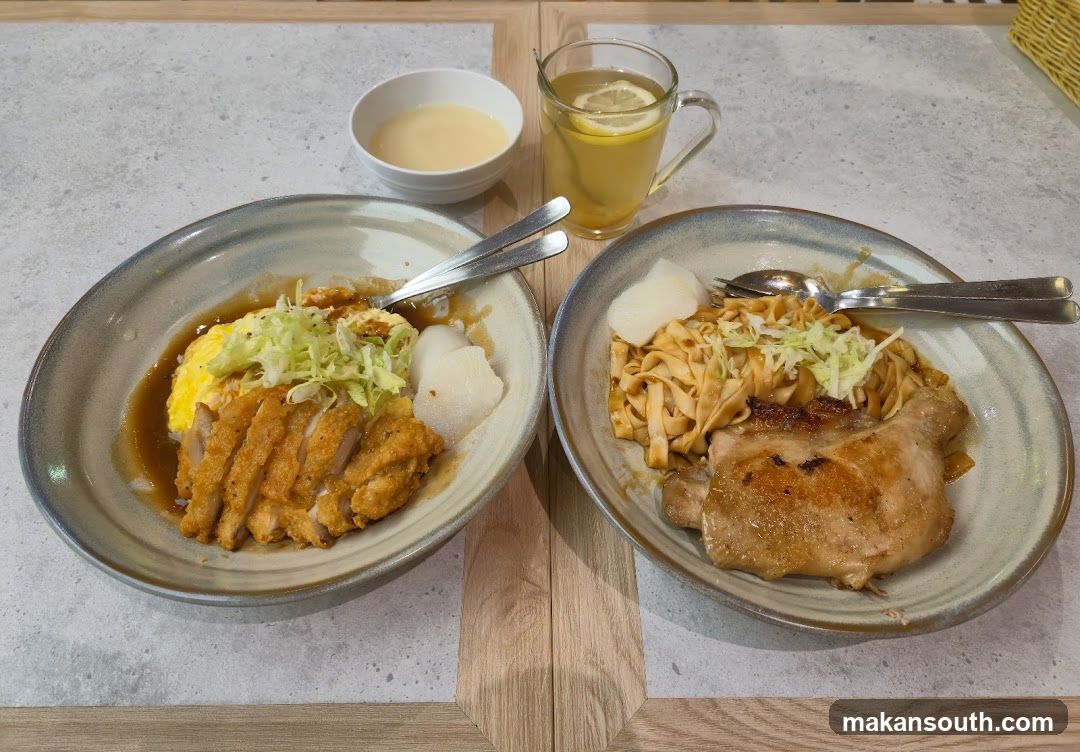 Chicken Rice and Noodle Dish with Drink