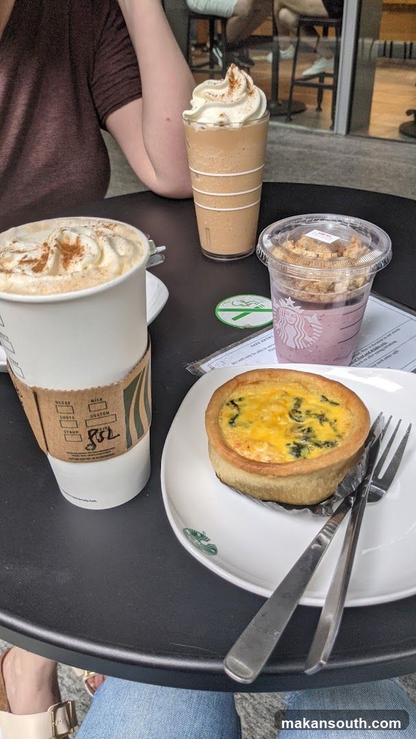 Starbucks Table Setting with Quiche and Drinks