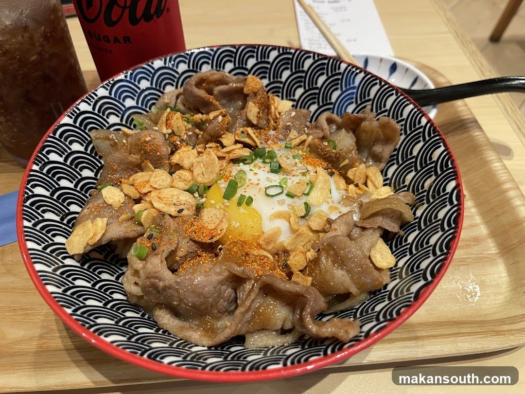 Bowl of Beef Rice with Egg and Crispy Toppings