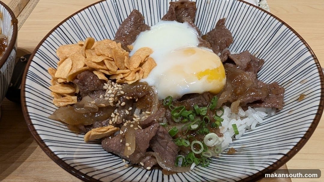 Beef Rice Bowl with Fried Egg and Crispy Tofu Skin