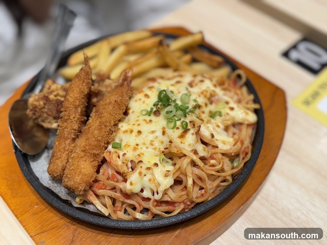 Cheesy Pasta with Fried Chicken and Fries