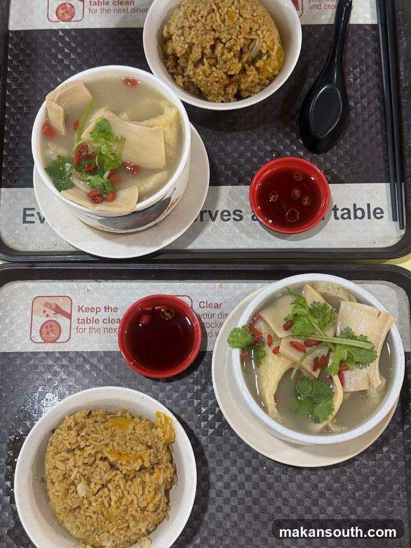 Cantonese-style meal with rice and soup
