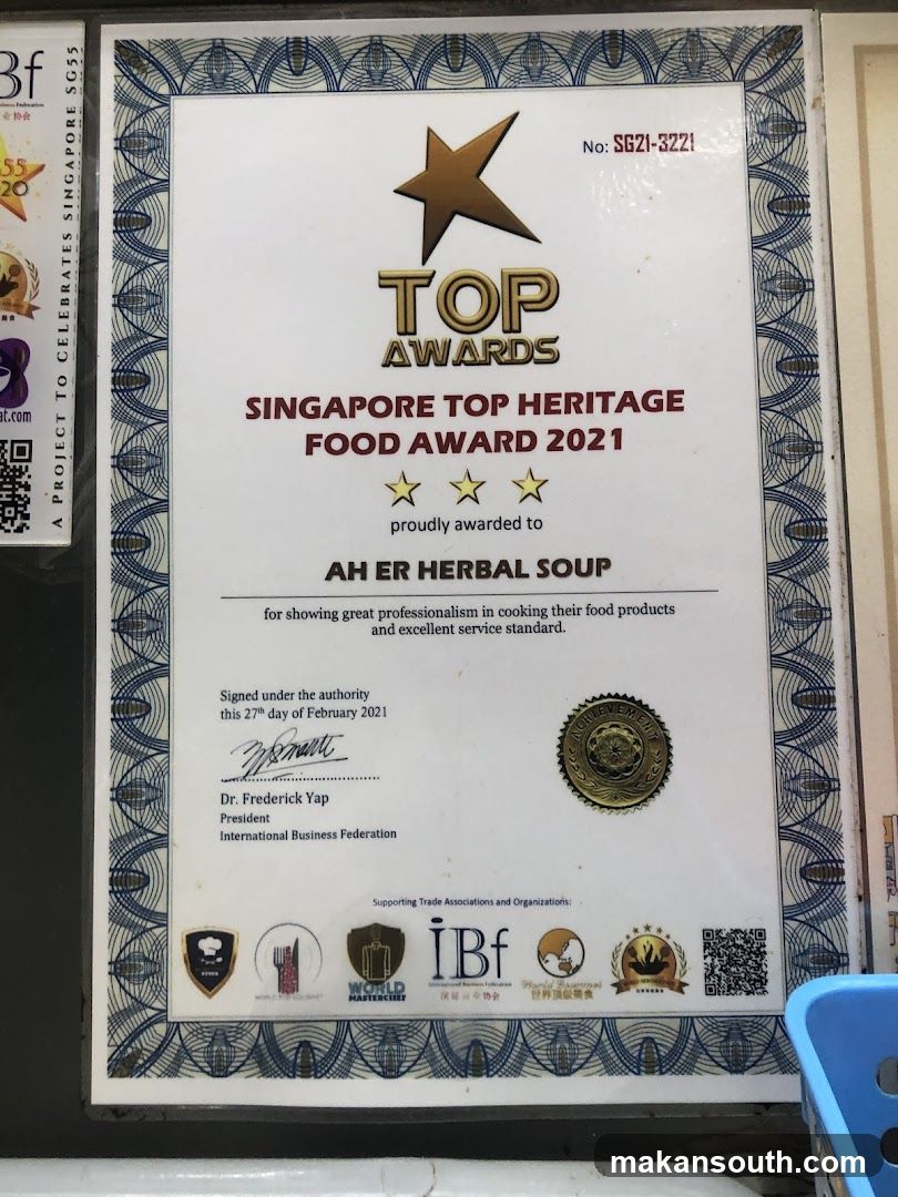 Singapore Top Heritage Food Award 2021 Certificate