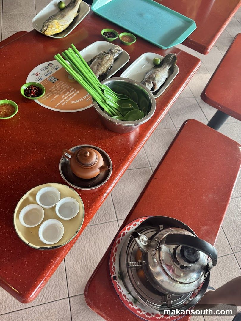 Food Table Setting with Fish and Tea