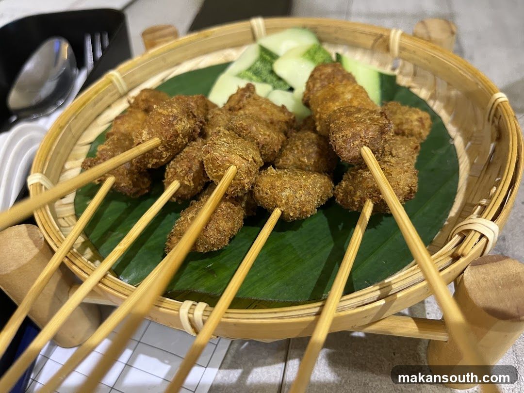 Fried Chicken Skewers on Bamboo Basket
