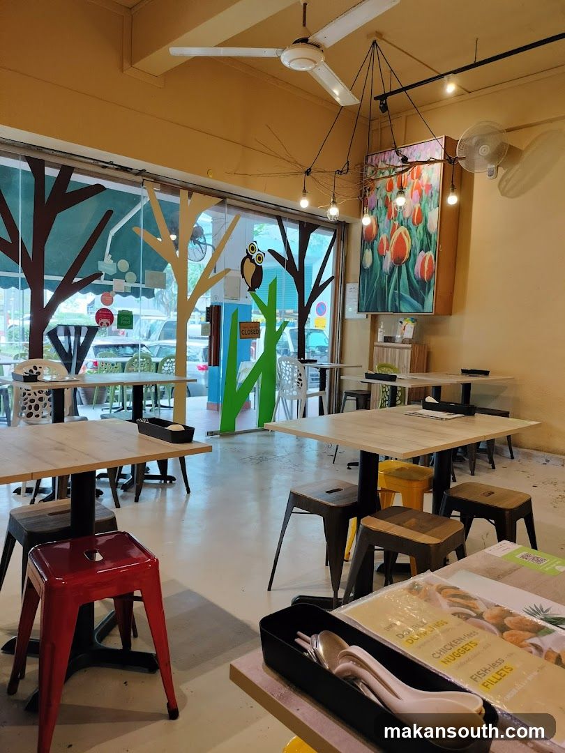 Restaurant Interior with Decorative Trees and Artwork