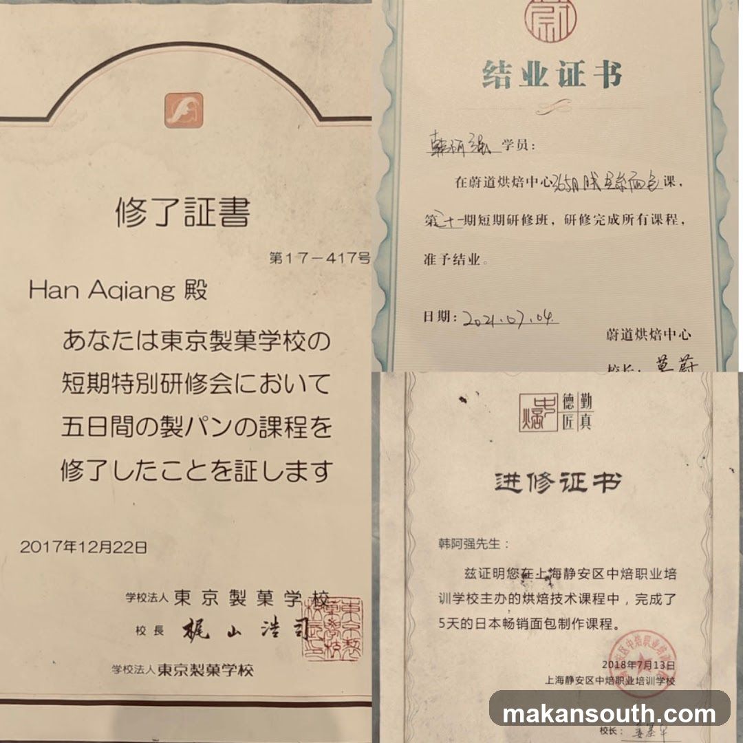 Certificates from Tokyo Tofu School and Shanghai Training Center