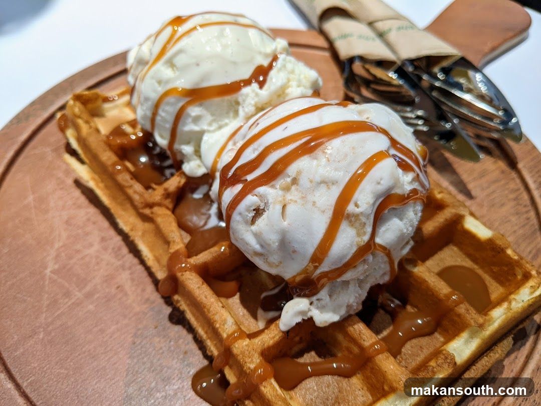 Waffle with Ice Cream and Caramel Drizzle
