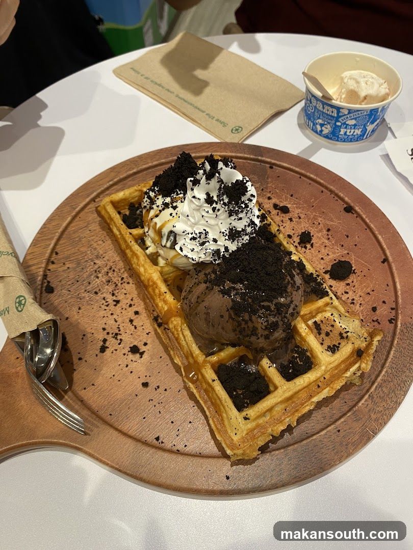 Waffle with Ice Cream and Oreo Crumbs