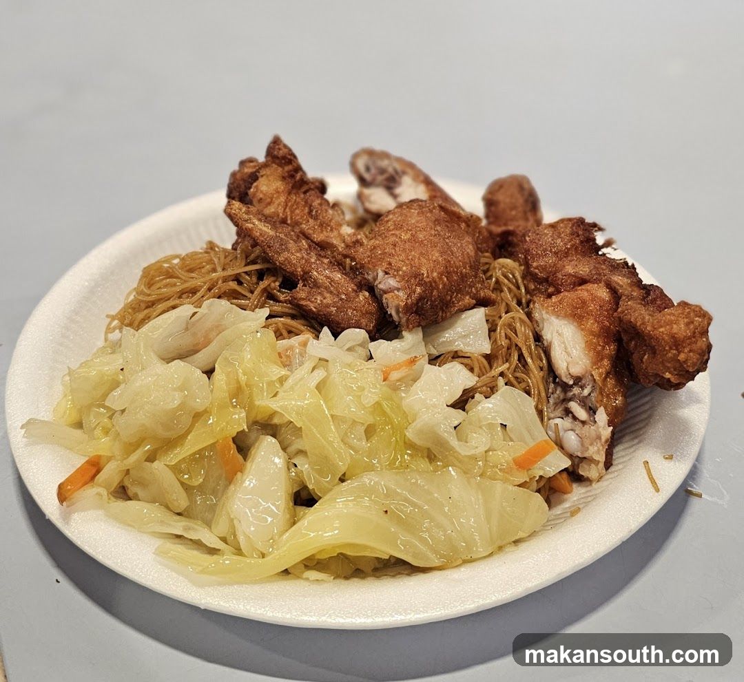 Fried Chicken and Noodles with Cabbage