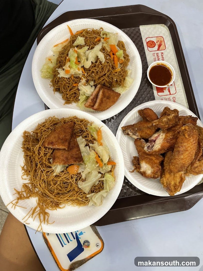Food Tray with Noodles and Fried Chicken