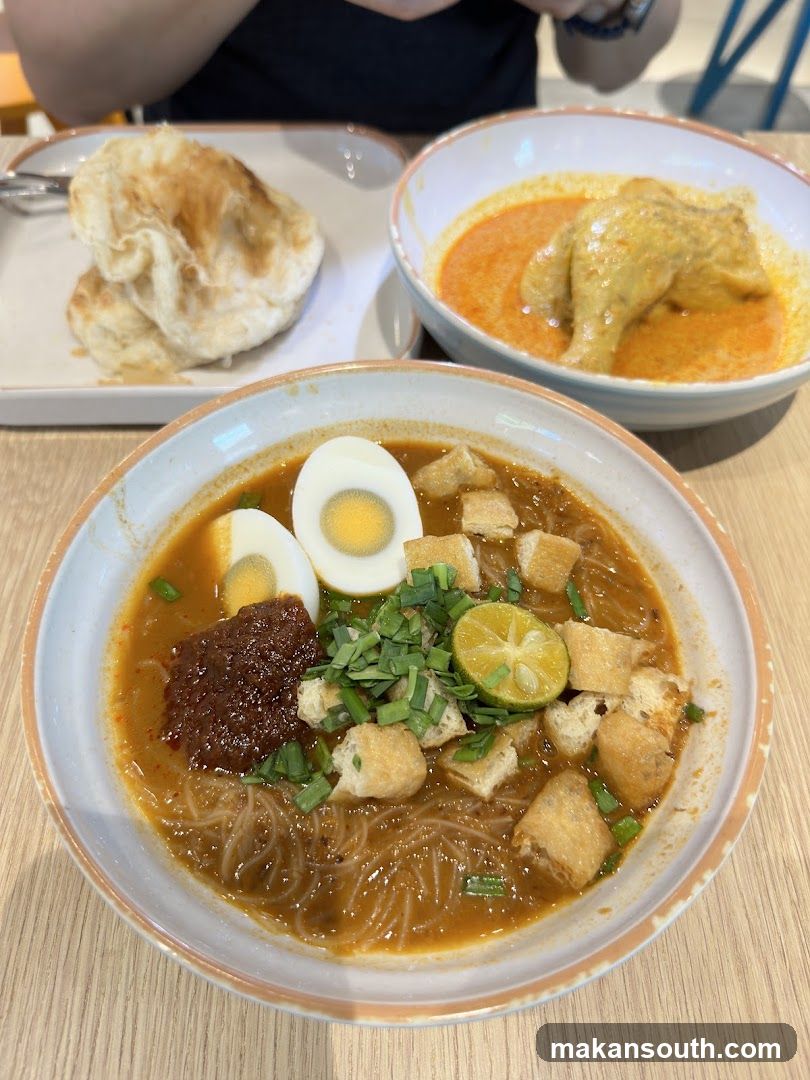 Rice Noodle Meal with Curry Chicken and Roti Canai