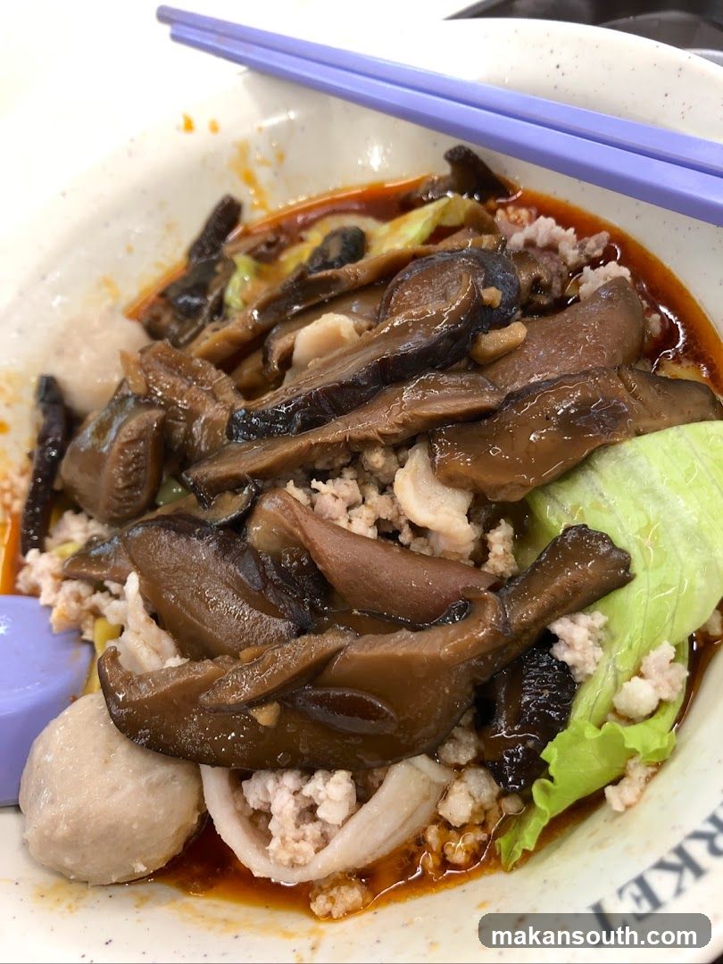 Bowl of Mushroom and Meatball Noodles