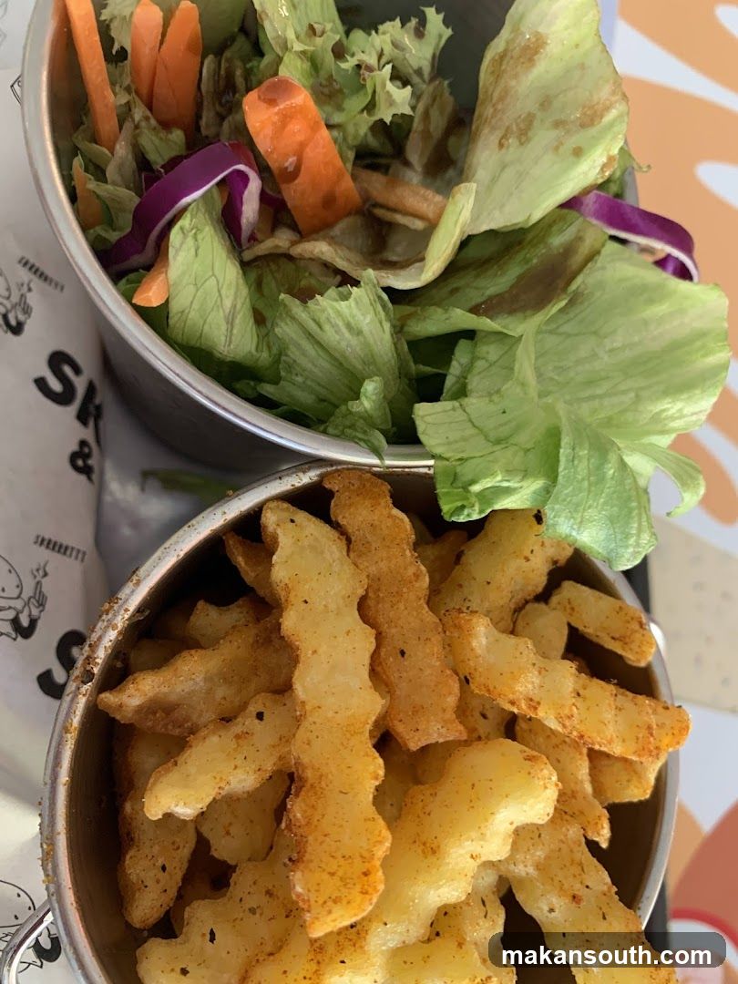 Fries and Salad in Metal Buckets