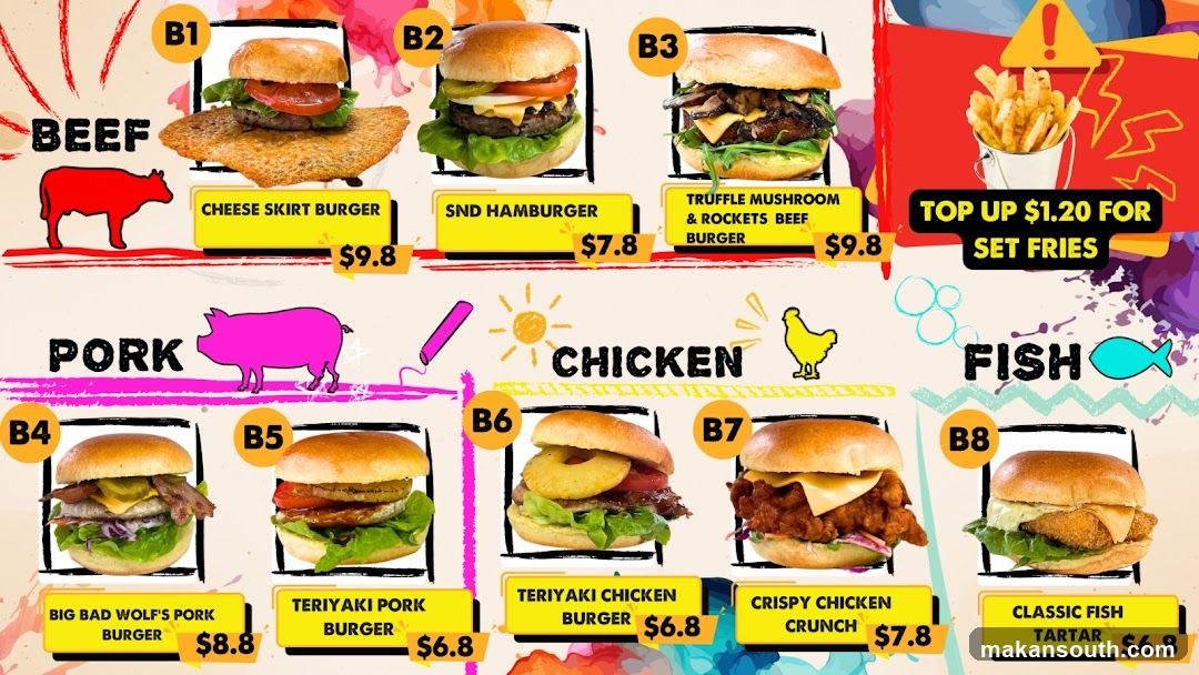 Burger Menu with Beef, Pork, Chicken, and Fish Options