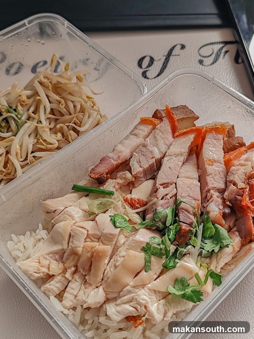 Takeout Meal Container with Roast Pork and Rice