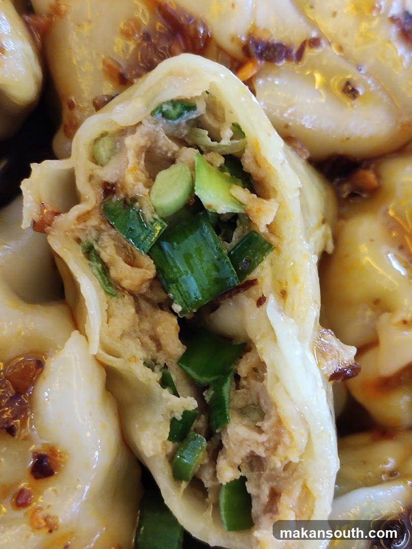 Close-up of stuffed dumplings with green onions