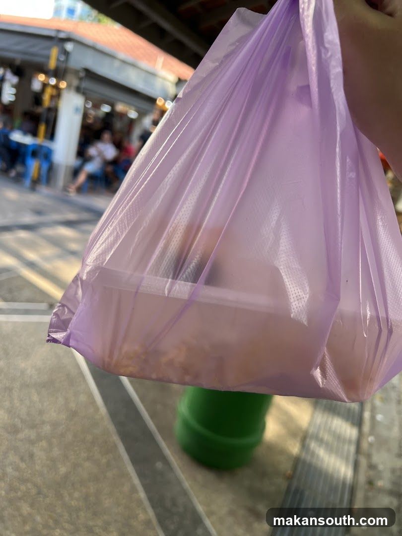 Purple plastic bag with food