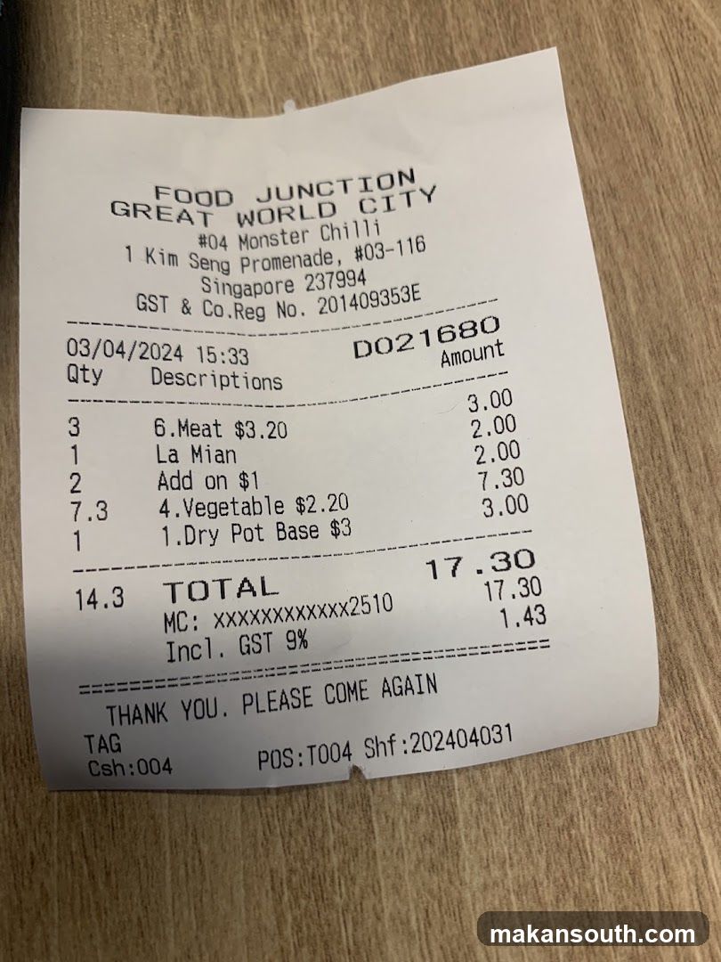 Receipt from Food Junction