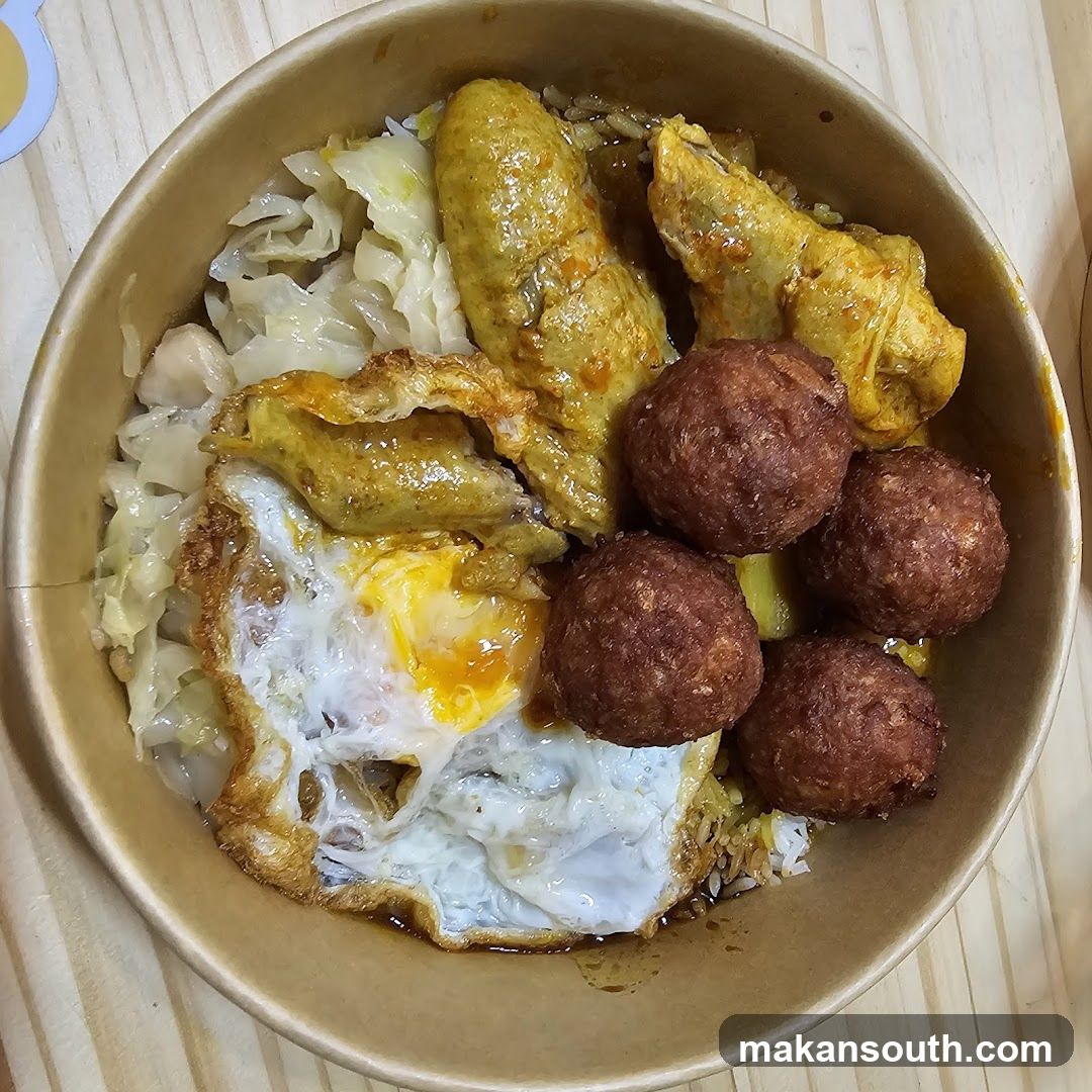 Chicken Rice Bowl with Fried Egg and Meatballs