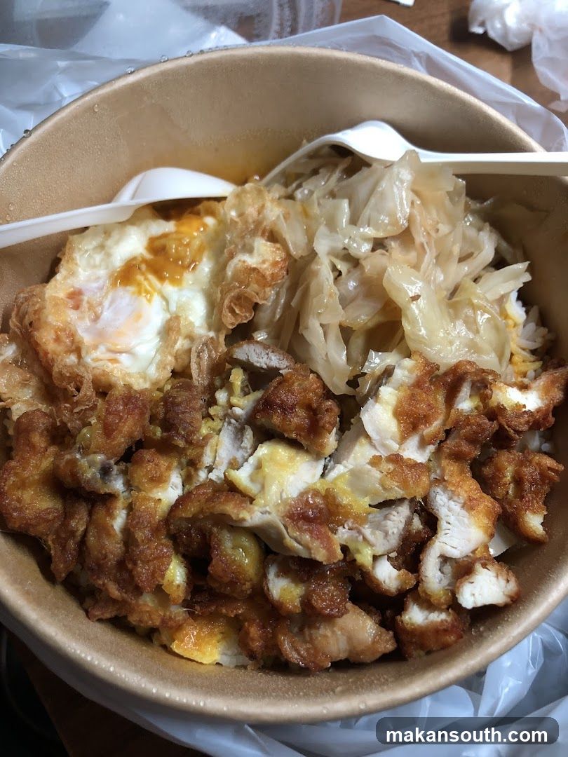Fried Chicken Rice Bowl with Egg and Pickled Cabbage