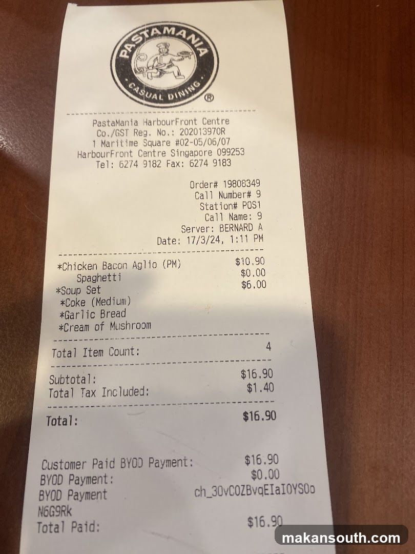PastaMania Receipt