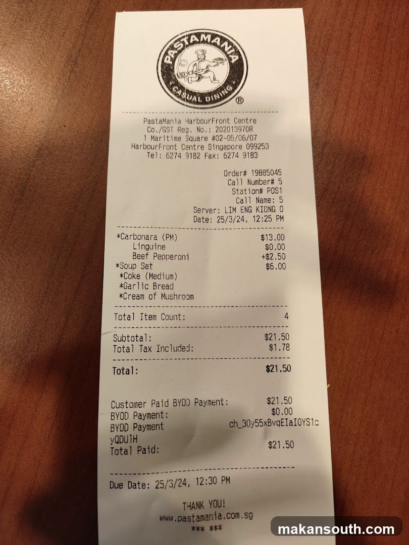 PastaMania Receipt