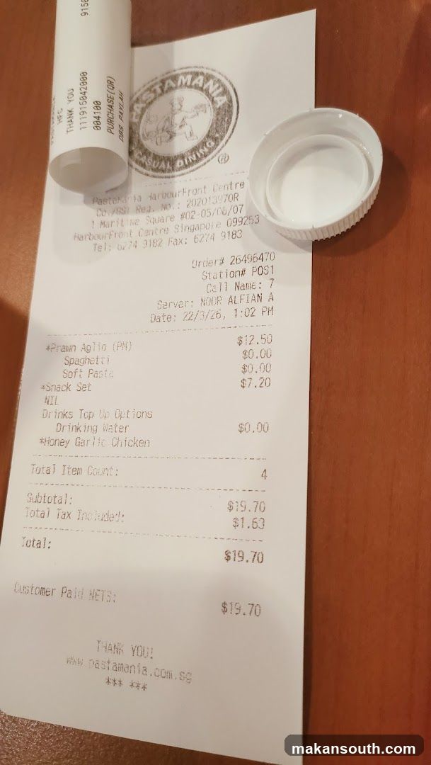 Receipt from Pastamania HarbourFront Centre