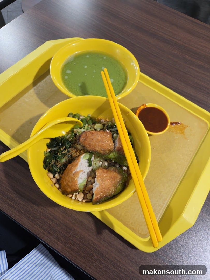 Food Tray with Green Soup and Fried Items