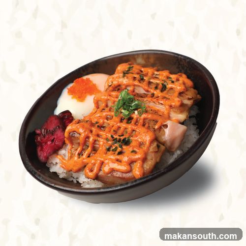 Grilled Chicken Rice Bowl with Sauce and Garnish