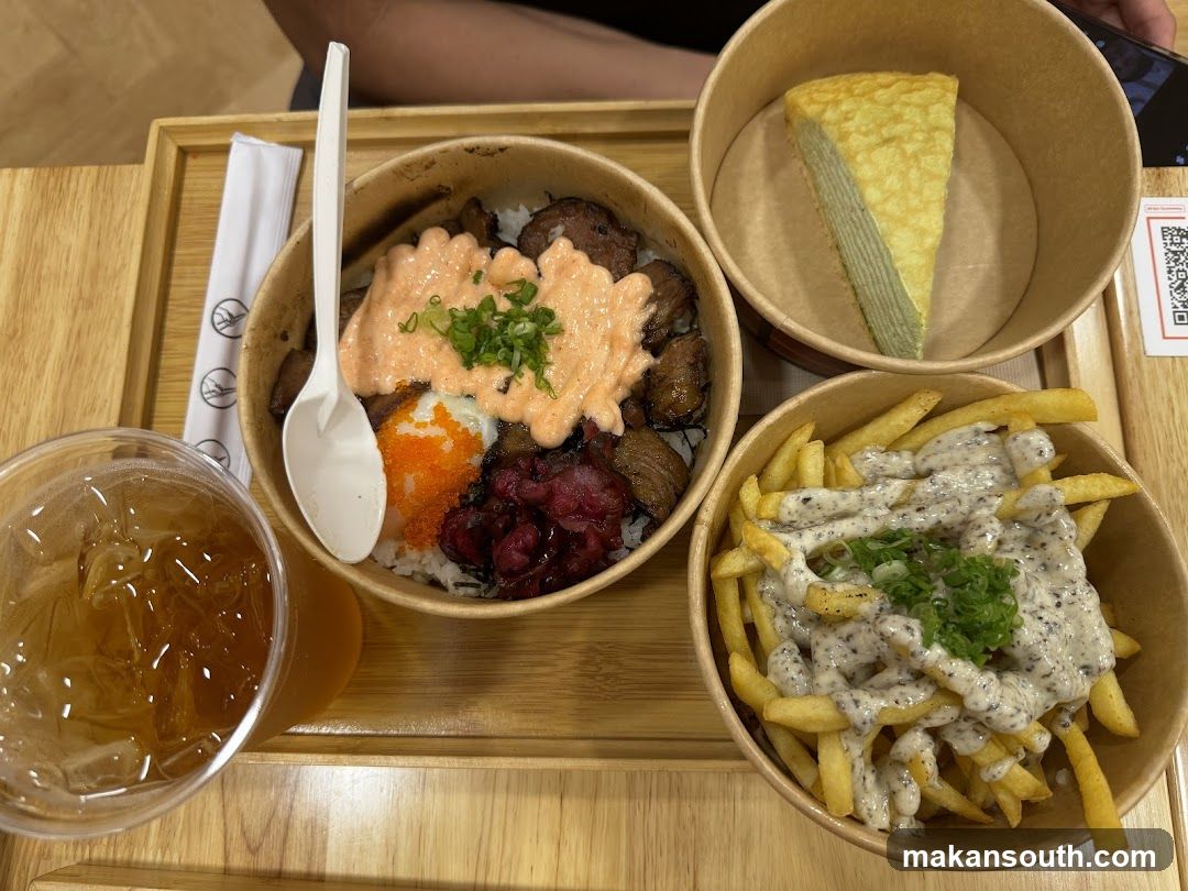 Food Tray with Rice Bowl, Fries and Dessert