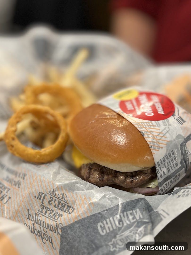 Burger and Fries with Onion Rings