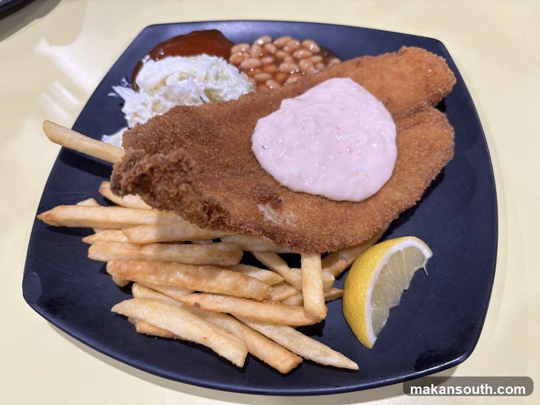 Fish and Chips with Coleslaw and Beans