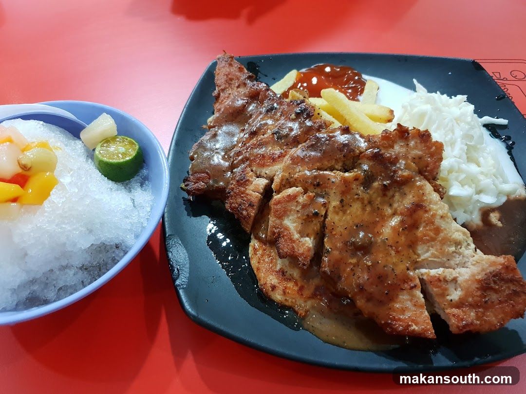 Sliced Pork Chop with Rice and Dessert