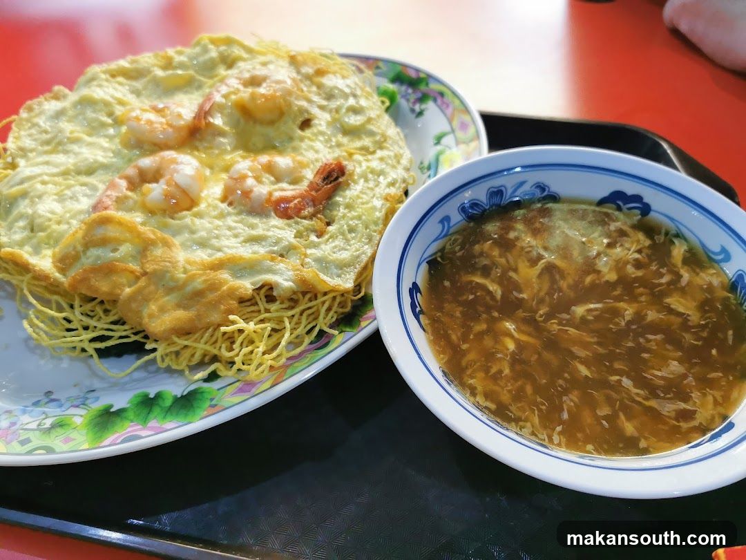 Egg Fried Noodles with Shrimp and Egg Drop Soup