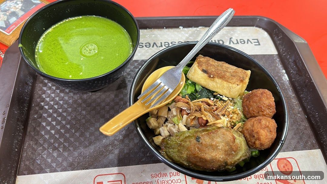 Food Tray with Green Soup and Noodle Bowl