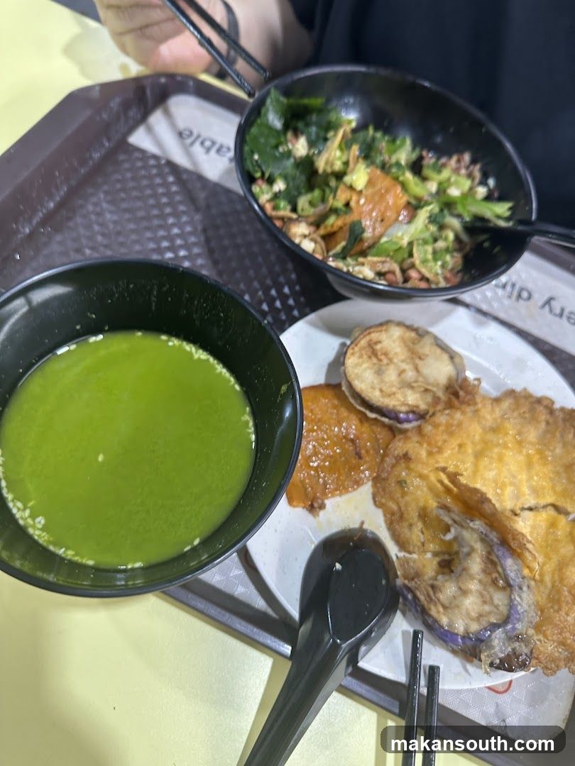 Food Tray with Green Soup and Fried Dishes