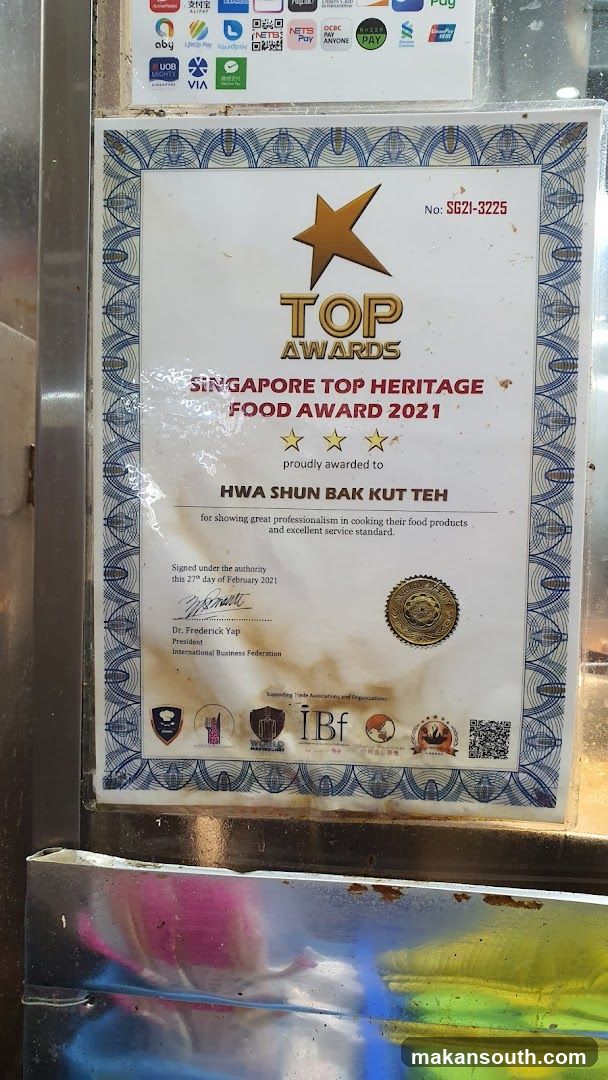 Singapore Top Heritage Food Award 2021 Certificate