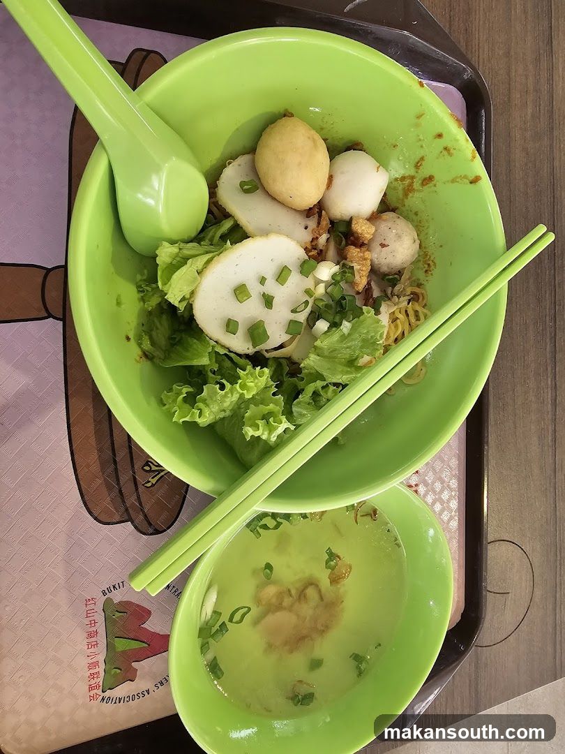 Noodle Bowl with Fish Balls and Lettuce