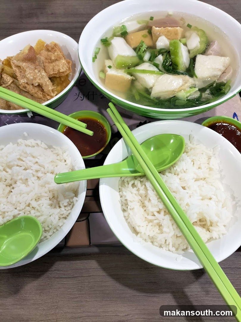 Meal Spread with Rice and Soup