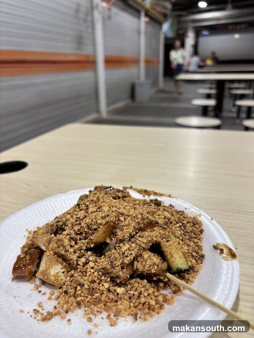 Food on a table in an indoor food court or stall area