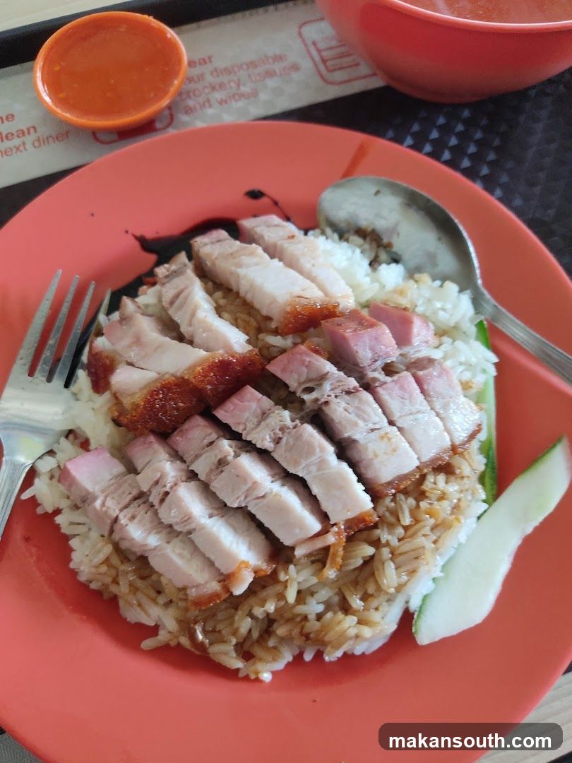 Rice with sliced pork on orange plate