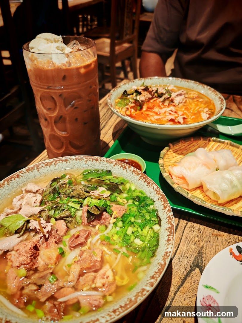 Vietnamese Pho and Drinks Table Spread